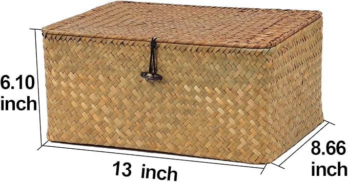 Wicker Storage Basket with Lid, Natural Seagrass Woven Shelf Basket for Storage, Rectangular Decorative Storage Bins Boxes Home Organizer Decor (Natural, Medium) - Image 4