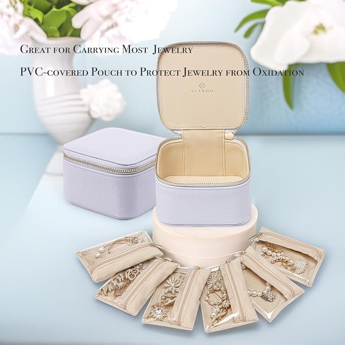 VLANDO Travel Jewelry Box Organizer – Portable PU Leather Jewelry Case with 6/8/12 Zippered Pouches, Compact Storage for Earrings Rings Necklaces Bracelets, Lilac Purple - Image 4