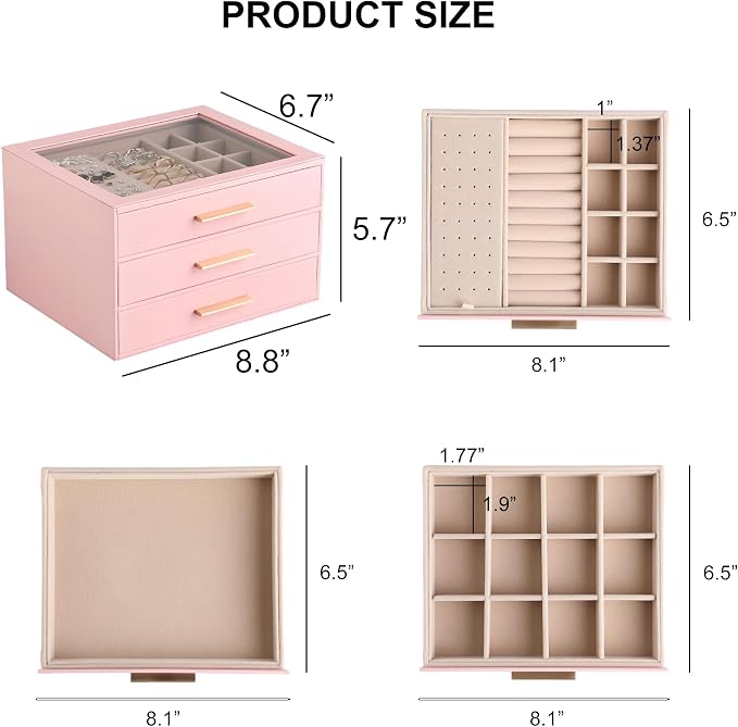 Frebeauty Clear Lid Jewelry Box,3-Layer Jewelry Organizer with Drawer,PU Leather Jewelry Organizers and Storage,Jewelry Boxes for Women,Jewelry Storage for Rings Earring Stud,Gift for Women(Pink) - Image 3