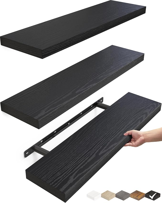 BAYKA Floating Shelves for Wall, Set of 3, 22.5 Inches Wall Mounted Rustic Wood Shelves for Bathroom, Bedroom, Living Room or Kitchen Decor, Storage for Books, Lego, Plants, Daily Necessities, Black by Bayka