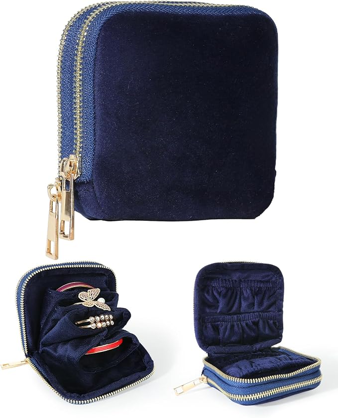 COOLYOUTH Travel Jewelry Case Organizer for Women Portable Jewelry Box with Small Pouches Mini Jewelry Bag for Rings, Bracelets, & Bangles with Smooth Metal Zipper (Navy Blue) by COOLYOUTH