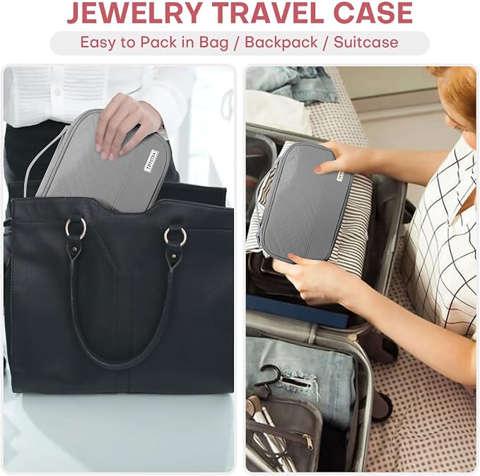 Jewelry Travel Case Organizer for Necklaces, Earrings, Rings, Bracelet, Watch, Soft Sided, Grey - Image 5