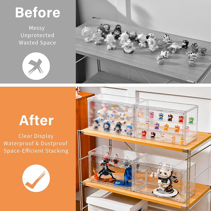 Freebat Clear Acrylic Display Case for Collectibles - 3-Tier Adjustable Figure Display with Magnetic Door & Removable Shelves,Stackable Dispaly box for Figures - 2 Pack - Image 8