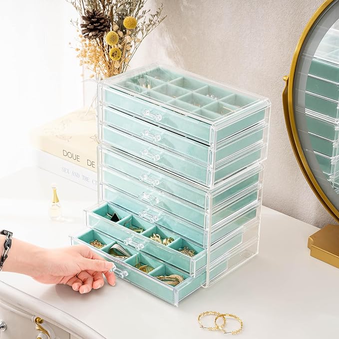 ProCase Earring Holder Organizer Jewelry Box with 8 Drawers, Acrylic Clear Earring Case with Adjustable Velvet Trays for Women - Aqua, 8 Layers - Image 3