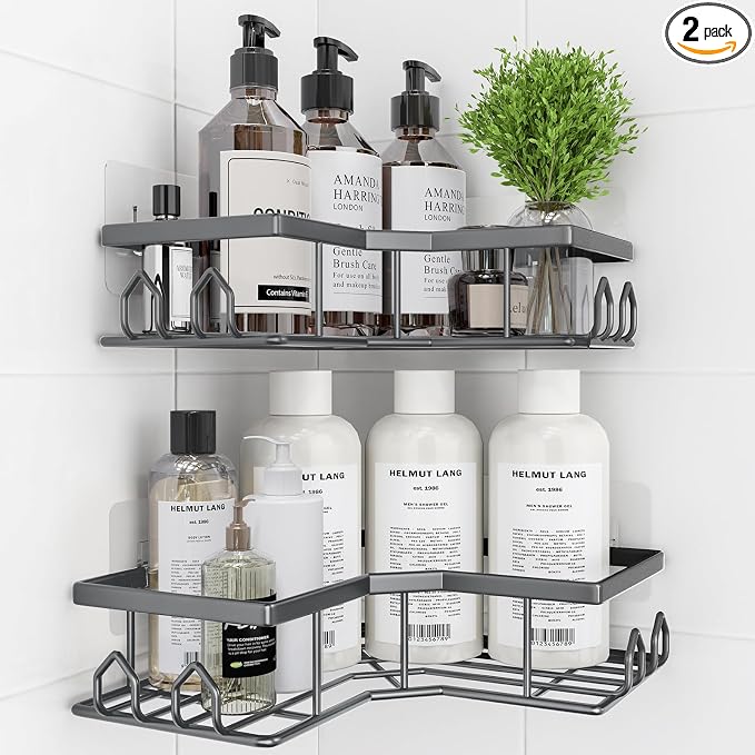 Adhesive Shower Caddy, 2 Pack Corner Bath Organizer, Rustproof Stainless Steel Shower Shelves with Large Capacity, No Drilling Shelves for Bathroom Storage, Home, Kitchen Decor (Dark Grey). by Unknown