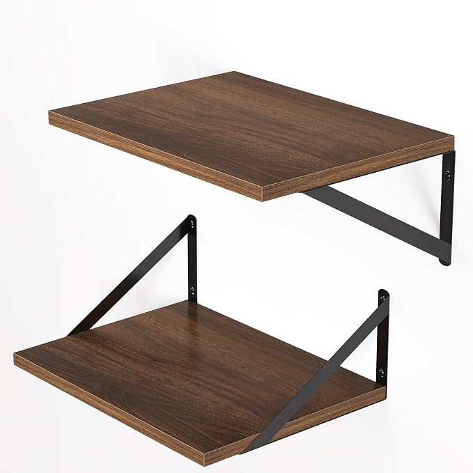 Heimlove 12 Inch Deep Floating Shelves for Wall, 16W x 12D Wood Wall Shelves Set of 2, Walnut Wide Floating Bookshelf for Living Room, Kitchen, Office, Bedroom, with Black Metal Bracke - Walnut - Image 8