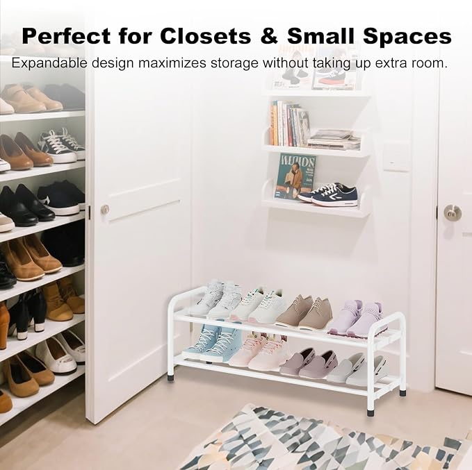 KANAV 2-Tier Expandable Shoe Rack, Heavy Duty Adjustable Metal Shoe Organizer for Closet & Entryway, Freestanding, Tool-Free Assembly, White - Image 6