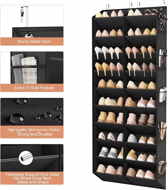 LANTEFUL Over the Door Shoe Organizer, Hanging Shoe Rack for Closet Door Shoe Storage for 30 Pairs Sneaker and Boots, Large Shoe Holder for Door with 10 Side Pockets, Space Saving, Black - Image 5