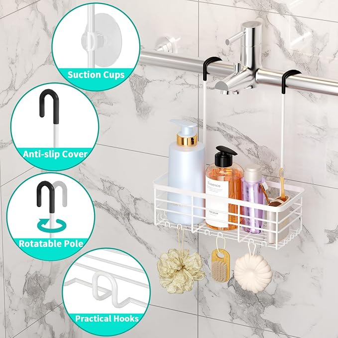 HapiRm Hanging Shower Caddy Organizer - No Drilling Shower Organizer with Hooks, Rustproof & Waterproof 304 Stainless Steel Bathroom Shelves - White (1 Basket) - Image 2