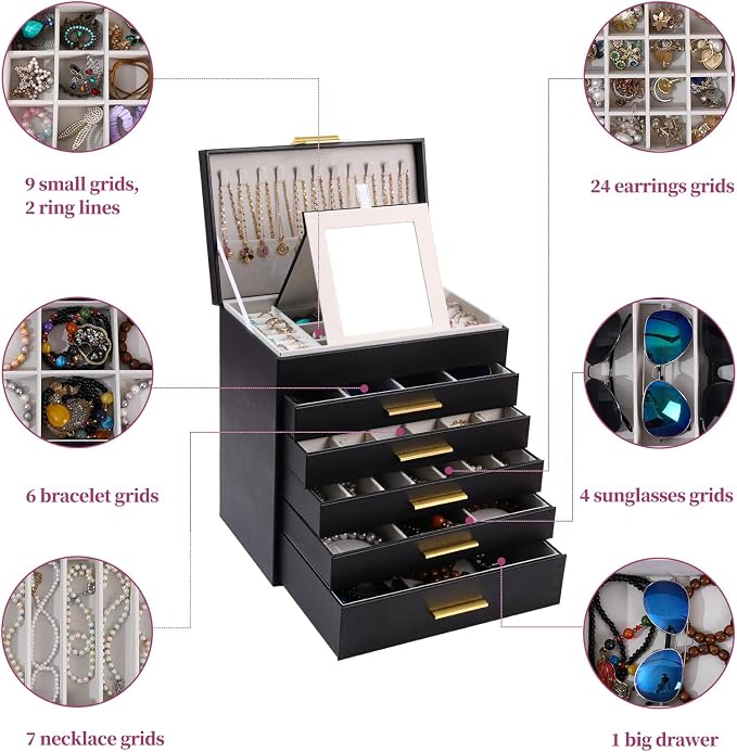 BOOVO Jewelry Boxes for Women, White and Black 6 Layer Large Jewelry Box for Necklace, Bracelet, Earrings, Rings Storage, Jewelry holder Organizer for Girls Gift (Black and Gold, 6 layer) - Image 5