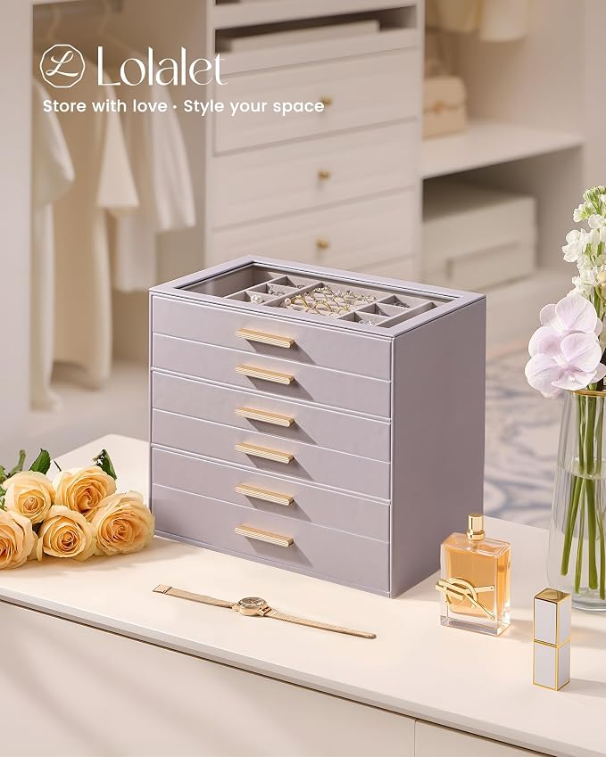 Lolalet Jewelry Box Organizer, 6-Layer Jewelry Organizers and Storage Case with Glass Lid, Ring Earring Bracelet Necklace Holder Organizer, Birthday Valentine Gifts for Women Girls -6Layer, HazePurple - Image 6