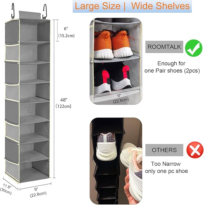 2 Pack Large-Sized Hanging Shoe Organizer 8-Shelf, Hanging Closet Organizer with 8 Side Pockets, Wider Hanging Shelves for Storage Shoes Clothes 9" W × 11.8" D× 48" H, Grey. - Image 3