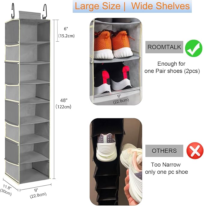 Large-Sized Hanging Shoe Organizer 8-Shelf, Hanging Closet Organizer with 8 Side Pockets, Wider Hanging Shelves for Storage Shoes Clothes 9" W × 11.8" D× 48" H, Grey - Image 3