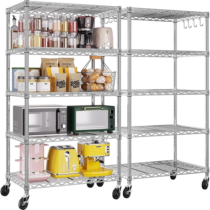 PrimeZone 2 Pack Steel Storage Wire Shelving 5 Tier Metal Shelves with Wheels,Adjustable Kitchen Utility Shelving Unit,Pantry Rack Rolling Metal Shelf Laundry,Chrome 24" Wx18 Dx75 H by PrimeZone