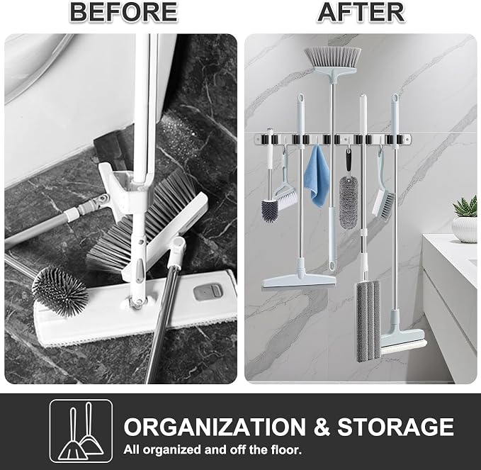 HANZENMA Broom Holder Wall Mount, Broom Organizer Wall Mount Stainless Steel Broom and Mop Hanger Heavy Duty Storage Organization for Home Kitchen Garden Garage Room 5 Racks 4 Hooks - Image 2