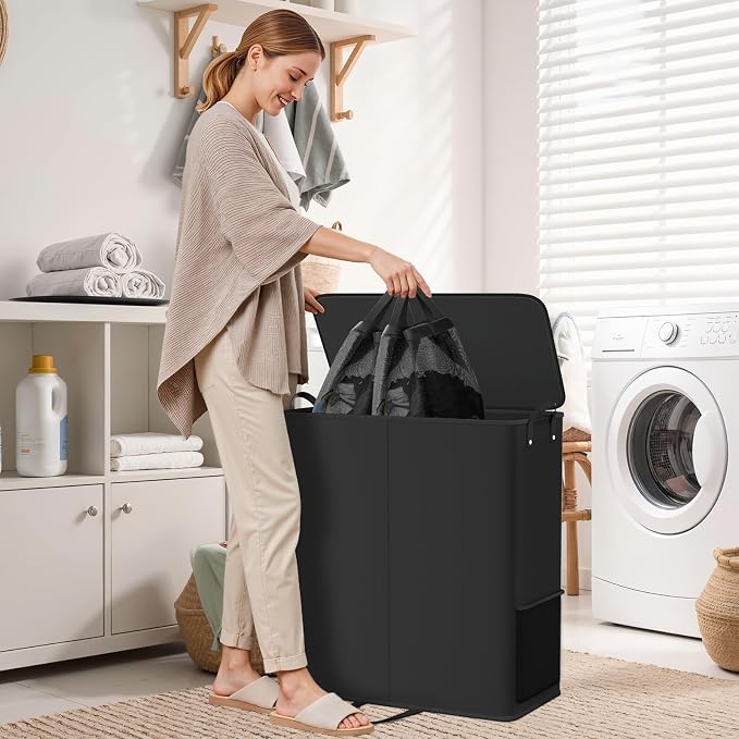 Large Double Laundry Hamper with Lid, Removable Bags & Reinforced Handles, 2 Section Tall Laundry Basket, Dirty Clothes Hampers for Laundry Room, Bedroom, Bathroom, Dorm, 155L, Black - Image 7
