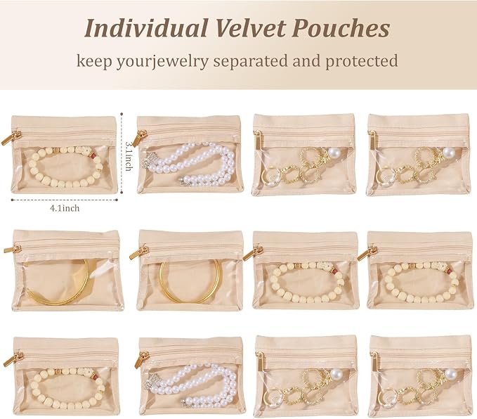 Travel Jewelry Organizer, Travel Jewelry Box with 12 Velvet Zipped Pouches Bags for Jewelries Necklaces Rings Earrings Sorting Storage for Women Girl Gifts, Blush - Image 4