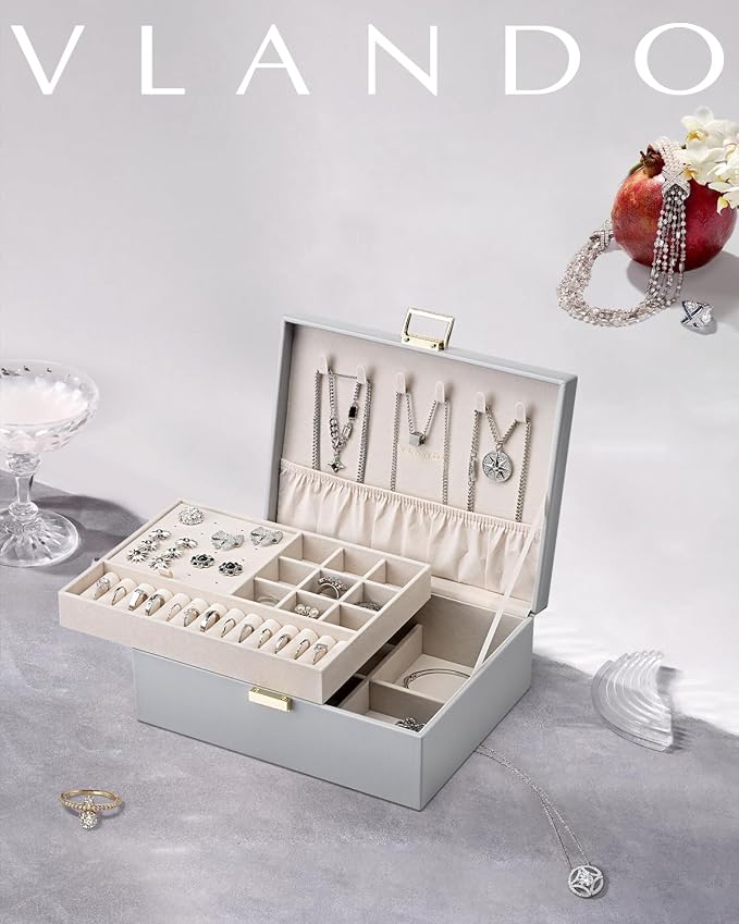 VLANDO 2 Layer Jewelry Box Large Jewelry Organizer for Women Removable Jewelery Tray for Necklace Earrings Rings Bracelets Jewelry Boxes Christmas Birthday Gifts for Women(Grey) - Image 8