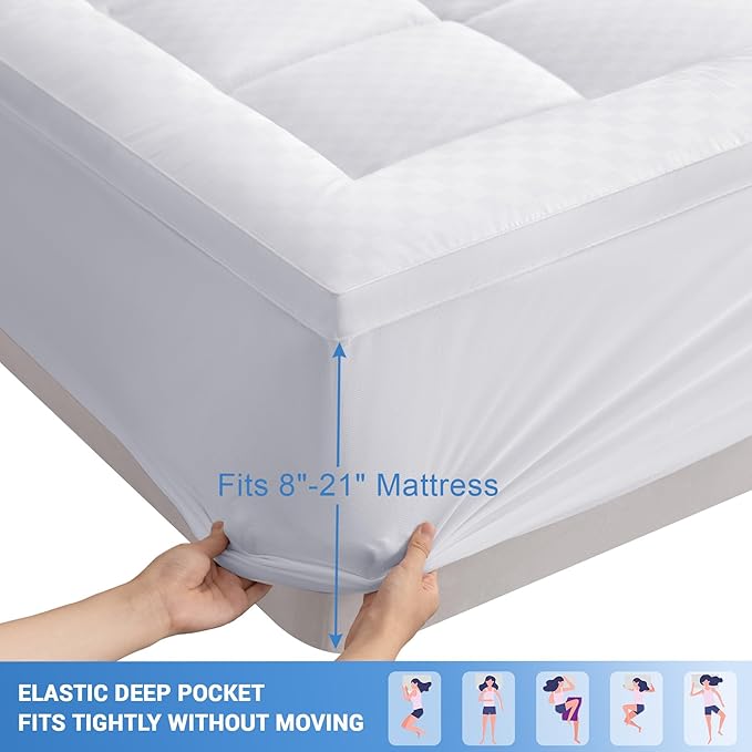Queen Mattress Topper,Thick Plush Pillow Top Mattress Pad Cover,Soft Fitted Bed Topper with 18 Inch Deep Pocket,Overfilled Down Alternative Fillings