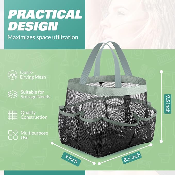 LOYEE Mesh Shower Caddy Portable for College Dorm Room Essentials with 8 Pockets,Shower Bag for Beach,Swimming,Gym,Travel,Bathroom(Grey) - Image 2