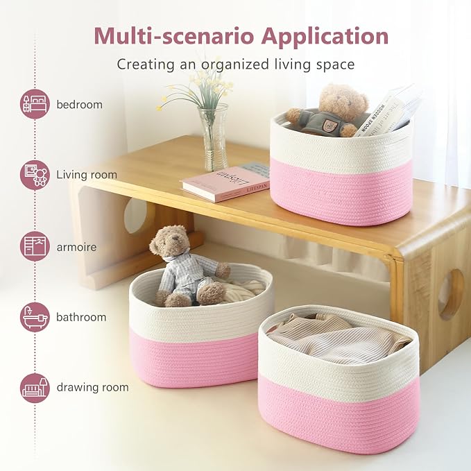 ECDYQXVU Cotton Rope Shelf Storage Basket, 15x10x9 in, Shelf Storage Baskets for Clothes, Towels, Books, Laundry (White/ Pink, 2 Pack) - Image 5