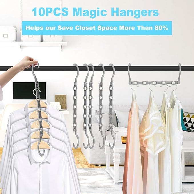 DUCOO Space Saving Hangers 10 Pack, Heavy Duty Magic Cascading Hanger Organizer with 5 Enclosed Anti-Slip Holes, Closet Organizers and Storage for Clothes, College Dorm Room Essentials, Gray - Image 3
