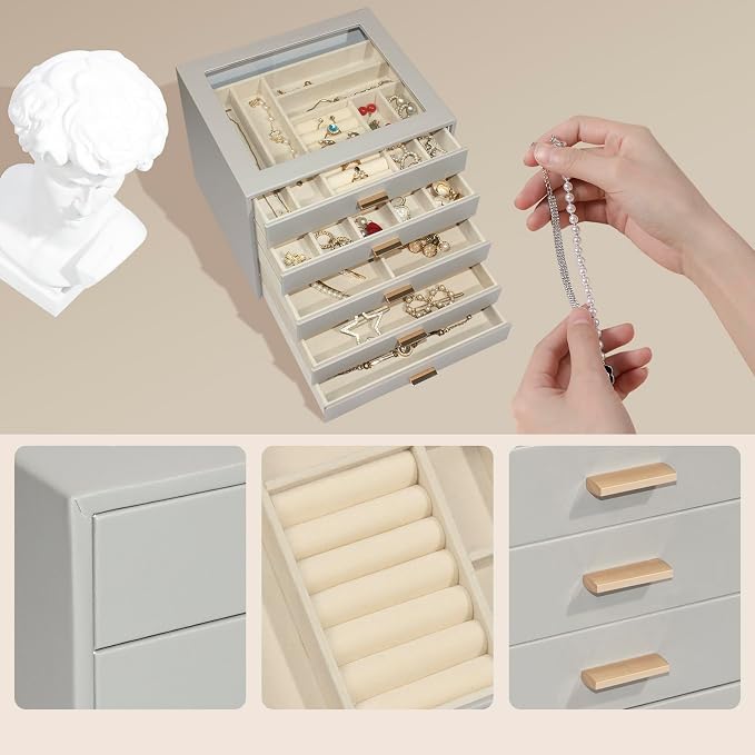 Jewelry Box with Glass Lid, 5-Layer Jewelry Organizer for Women Girls, PU Leather Display Case with 20-Grid Earring Tray & Movable Dividers for Necklaces Rings,Grey - Image 6