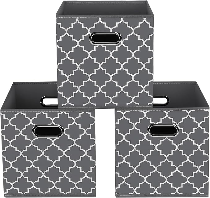 Fabric storage bins Cubes, Fabric Cube Organizer with Handle, Foldable Cube Bins for Cloth or Accessary Storage, 11x11x11, Set of 3, (Gray Light) by Yunkeeper