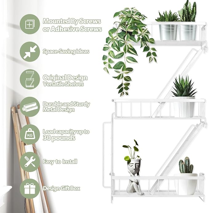 SweetSage Fire Escape Shelf - 3 Tier White Wall Display Floating Shelves, Metal Decorative Shelving for Bedroom, Home Décor, Action Figure Display - Image 3