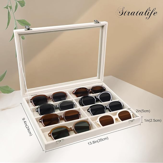 Stratalife Sunglasses Organizer Sunglass Display Tray Jewelry Tray with Lid Sunglasses Storage Case Drawer Watch Box for Men and Women Beige (8 Grids) - Image 4