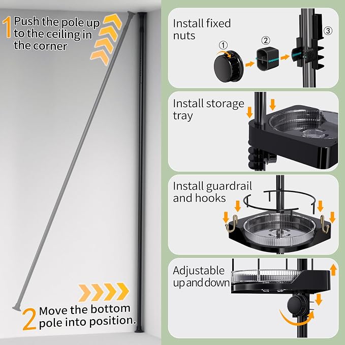 shuang qing 360° Rotating Corner Shower Caddy Tension Pole Organizer - 4-Tier Adjustable Rustproof Metal Pole, Plastic Shelves with Safety Guardrail, Bathroom Storage for Shower & Bathtub(Black) - Image 8