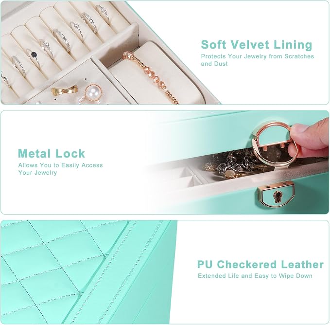 GUOER Jewelry Box for Women Girl Wife 3 Layers Large PU Leather Jewelry Organizer Storage Case with Two drawers Display for Earrings Bracelets Rings Watches (Teal) - Image 4