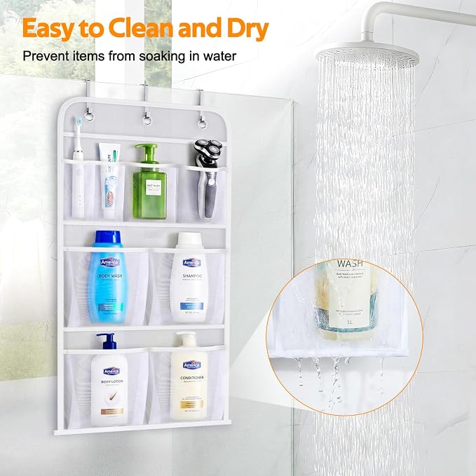 MISSLO Hanging Mesh Pockets Hold 340oz/1000ml Shampoo Shower Organizer with Over the Door Hooks - Image 7