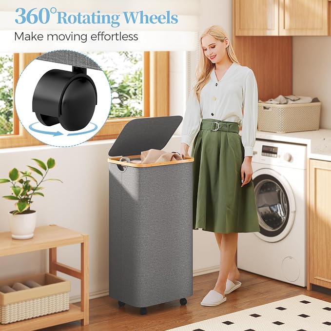 Yecaye 100L Large Capacity Laundry Hamper – Foldable Rolling Laundry Basket, Mobile Clothes Hamper with Wheels, Removable Inner Bag, Bamboo Handle Lid Laundry Bin – Multi-Use Storage,Grey - Image 4