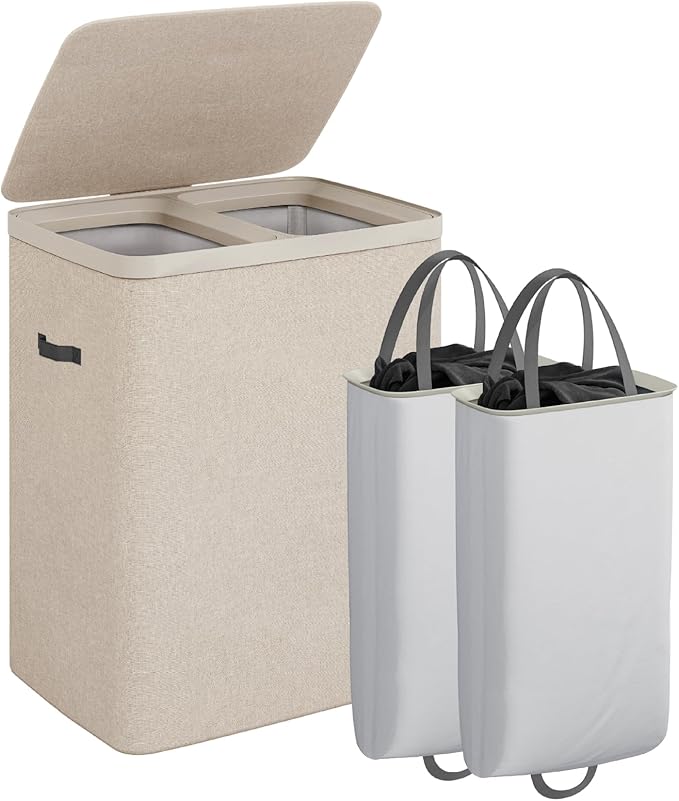 CASAMAYA Laundry Basket with Lid, Laundry Hamper 2 Section, 170L collapsible Laundry Organizer, Easy Assembly, with Handles and Removable Liners, 22 x 15.7 x 29.5 Inches, Beige JSP903M by Unknown
