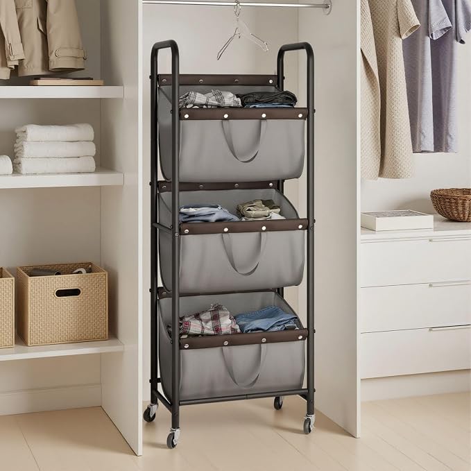 GRANNY SAYS 3 Tier Laundry Sorter, Laundry Hamper with Wheels, Laundry Room Organization and Storage, 3 Section Rolling Laundry Cart for Dorm, Bathroom, Bedroom, Closet, Grey - Image 2