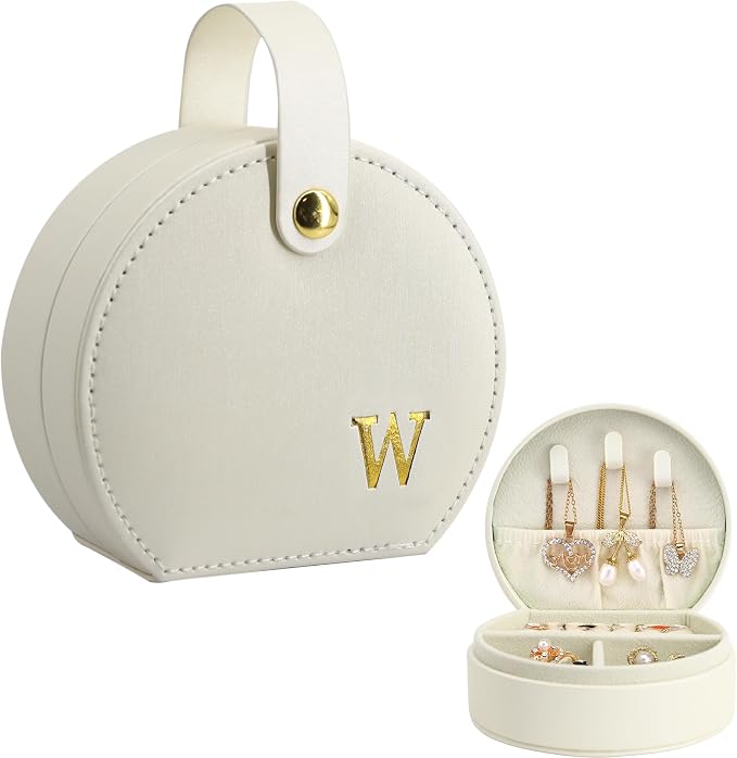 COLLECTIVE HOME - Travel Jewelry Case, Elegant Half-Moon Design with Gold Monogram, Detachable Handle, Personalized Accessory Organizer, Gift for Fashion-Forward Women and Teens (w) by COLLECTIVEHOME