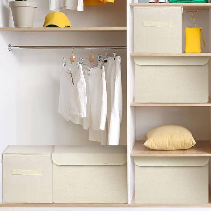 Bagnizer Large 42 Quarts Collapsible Stackable Storage Bins Cube with Lids [3-Pack] Foldable Fabric Linen Storage Boxes, Closet Organizer Baskets with Label for Home (16.7 x 12 x 12, Beige) - Image 9