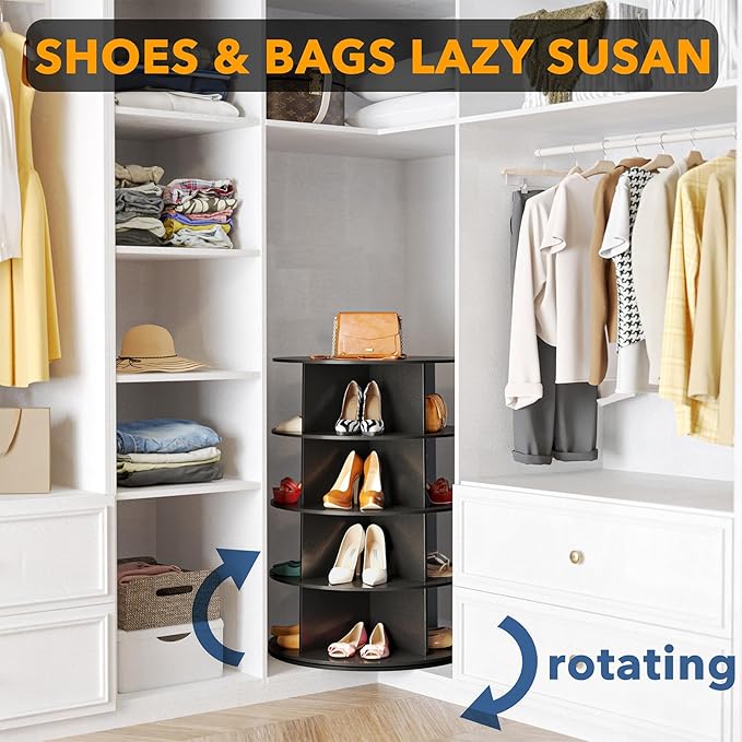 SpaceAid 4 Tier Rotating Shoe Rack Tower, Spinning Shoe Display Lazy Susan, Revolving 360 Shoe Rack Storage Round Carousel, Vertical Handbag Rotate Shoes Closet Organization (4-Tier Black) - Image 4