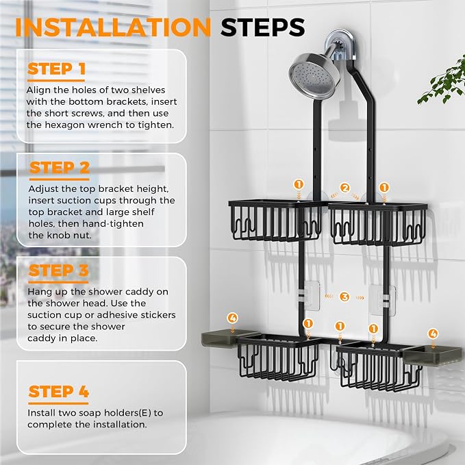 REINHARDT Aluminum Shower Caddy Hanging Adjustable Shower Caddy, Rustproof Hanging Shower Organizer with Hooks Soap Holders, Over Shower Head Caddy for Handheld Showerhead, Black - Image 8