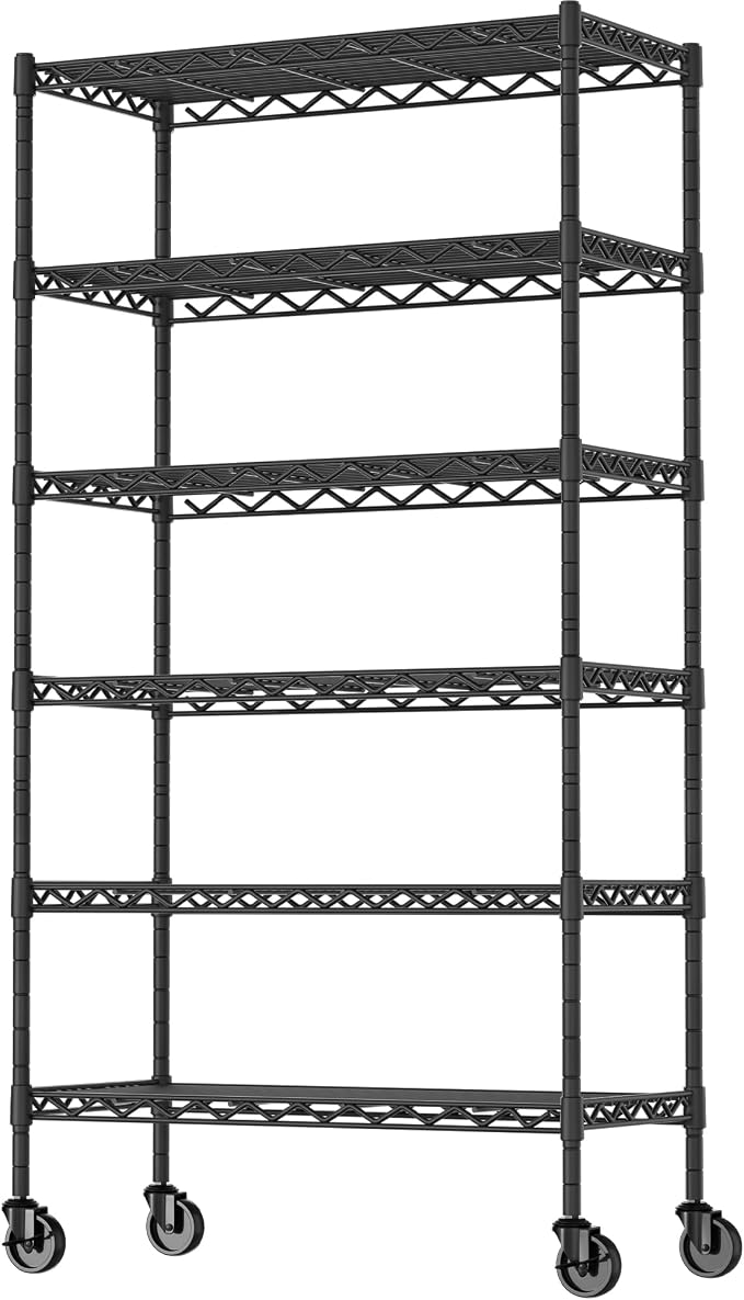 Soywey 6-Shelf Adjustable Heavy Duty Storage Shelving Unit, Metal Organizer Wire Rack for Laundry Bathroom Kitchen Pantry Closet with Wheels, Black by SoyweyDirect