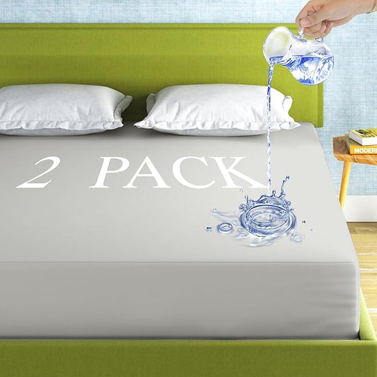 2 Pack Mattress Protector Twin XL Size 100% Waterproof Fitted Mattress Cover, Breathable Noiseless & Machine Washable Bed Cover Deep Pocket from 5" to 21", Bed Protector for Kids Adults Light Grey