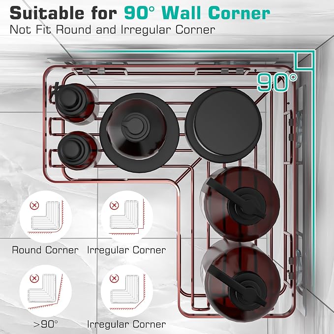 YASONIC Corner Shower Caddy, 3-Pack Adhesive Shower Caddy with Soap Holder and 12 Hooks, Rustproof Stainless Steel, No Drilling Wall Mounted Rack Organizer, for Bathroom, Bronze - Image 7