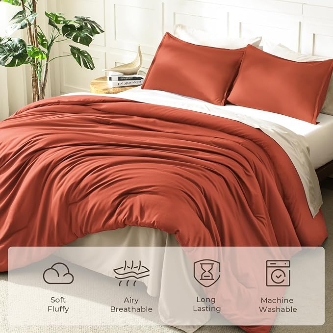 Litanika Comforters Burnt Orange Oversized King Size, 3 Pieces Lightweight Solid Bedding Comforter Set, All Season Fluffy Bed Set (120x98In Comforter & 2 Pillowcases)