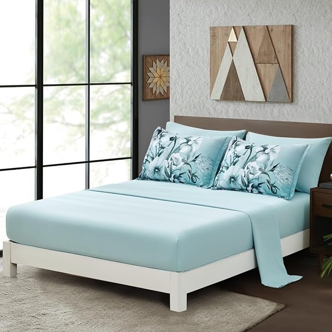 Luxudecor Floral Comforter Set King Size 7 Piece, Aqua Flower Bed in a Bag, Elegant Gradient Floral Comforter with Sheet Set, Soft Seersucker Microfiber Bedding Set for All Season (Aqua, 104"x90")