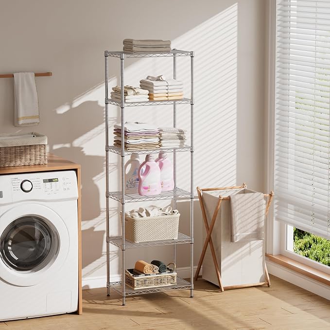 SINGAYE 6 Shelf Wire Shelving Unit Adjustable Metal Shelves Standing Bathroom Organizers and Storage Wire Closet Metal Pantry Kitchen 12" DX22 W 69.5" H Gray - Image 2