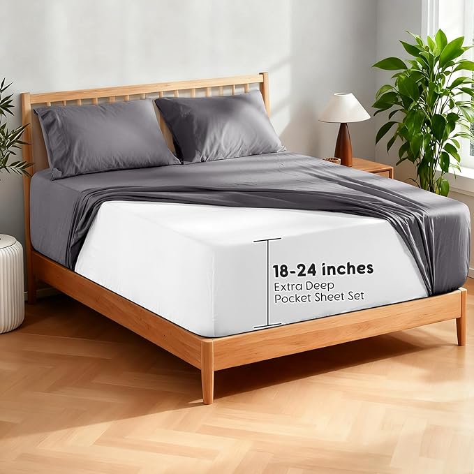 SONORO KATE 100% French Pure Linen Sheets, Extra Deep Pocket up to 18"-24", Breathable and Durable Linen Sheets, Anti-Tear Linen Bed Sheets, Machine Washable - 4 Piece (Dark Grey, Queen(24" deep))