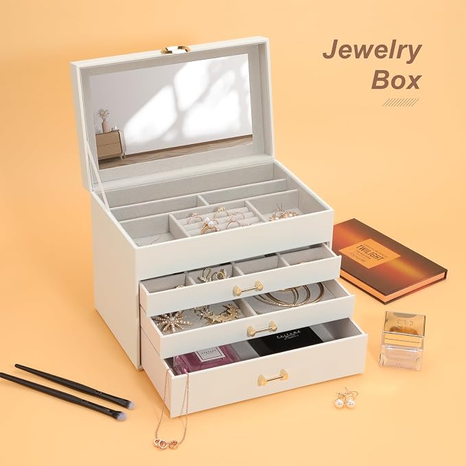 Jewelry Box with Mirror，Jewelry Holder Organize with 3 Drawer，4-Layer Jewelry Box for Women Girls，Large Jewelry Storage Box. (White - Image 3