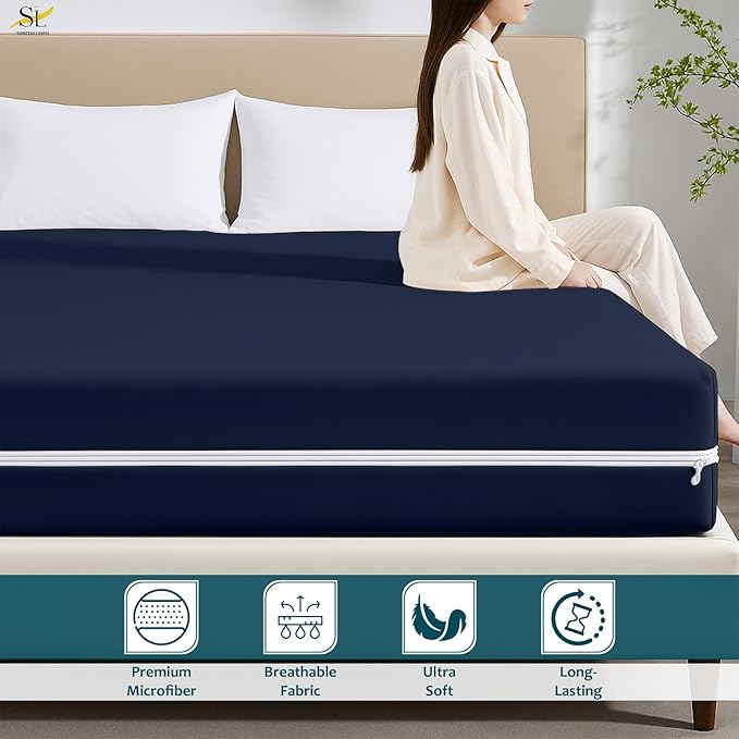 Mattress Protector California King Size 100% Waterproof Zippered Cover, 15 Inches Deep, Six-Sided Mattress Encasement for Bed, Zipper Closure Style (Navy Blue)