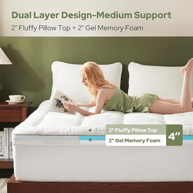 BEDLORE 4 Inch Memory Foam Mattress Topper Twin XL,2-in-1 Dual Layer Design (2" Gel Memory Foam + 2" Plush Pillow Top Cover) Mattress Topper Medium-Firm,Pressure Relief & Back Pain Support(White)
